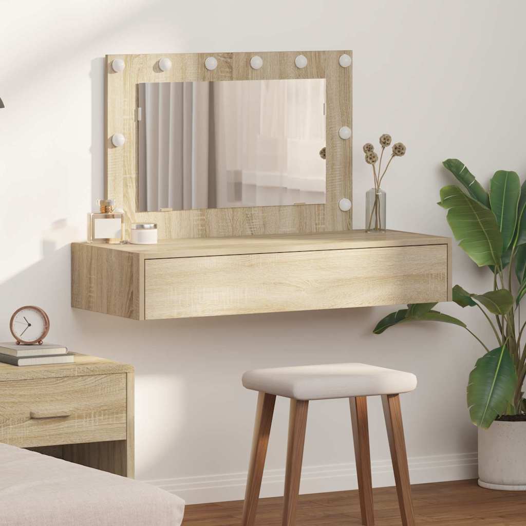 Wall-Mounted Dressing Table with LED Lights in Sonoma Oak