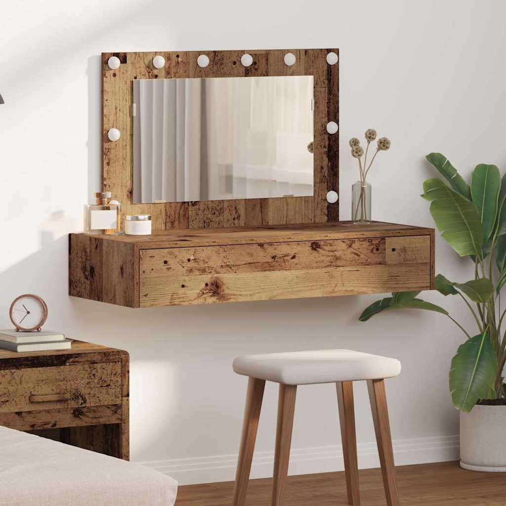 Wall Hanging Dressing Table with LED Lights Old Wood