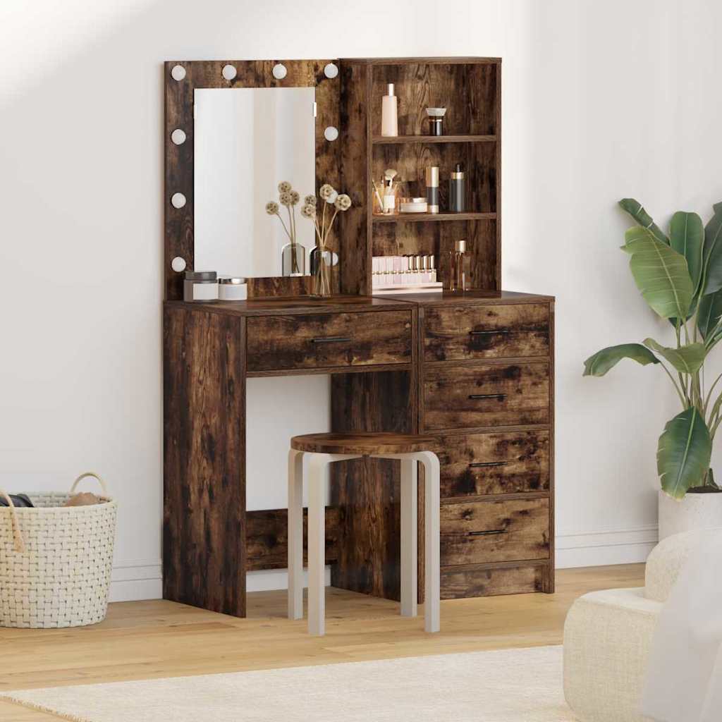 2 Piece Dressing Table Set with LED Smoked Oak Engineered Wood