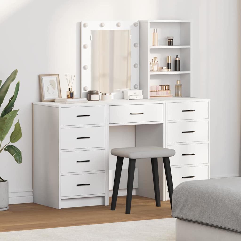 3 Piece Dressing Table Set with LED White Engineered Wood