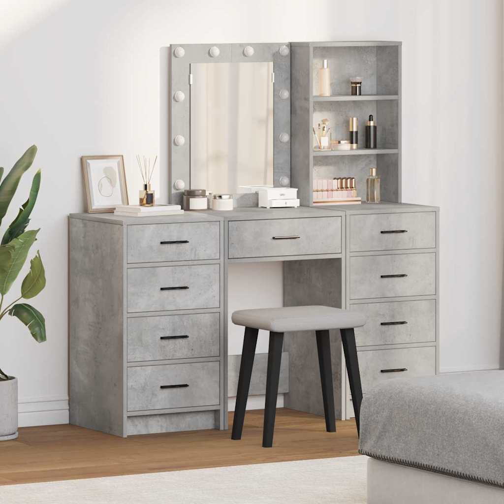 3-Piece Dressing Table Set with LED - Concrete Grey Engineered Wood