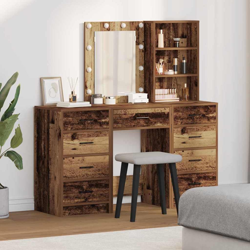3-Piece Dressing Table Set with LED in Old Wood Finish