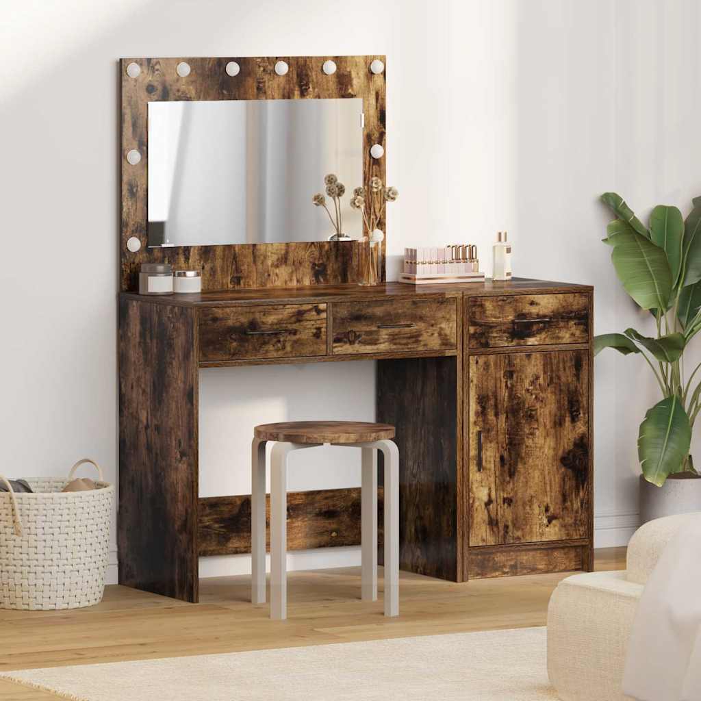 2 Piece Dressing Table Set with LED Smoked Oak Engineered Wood
