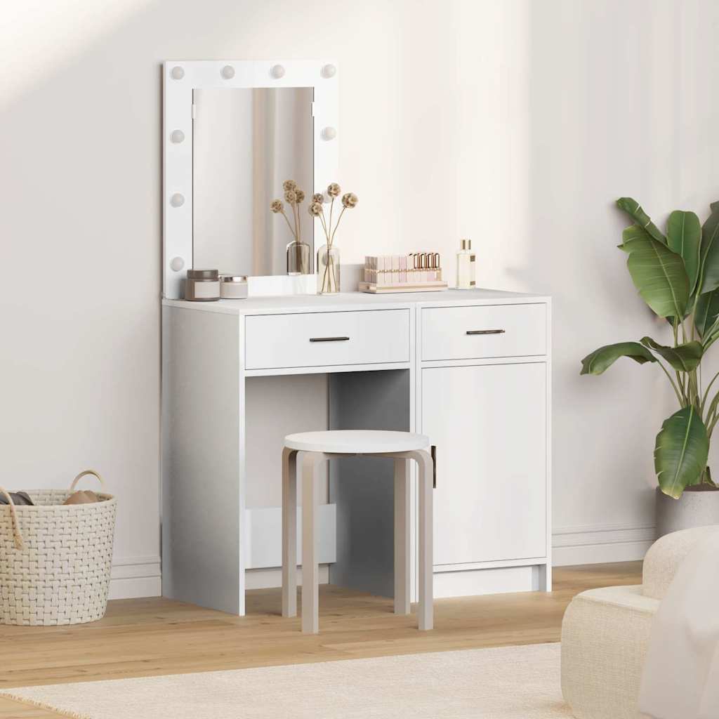 2-Piece Dressing Table Set with LED - White Engineered Wood