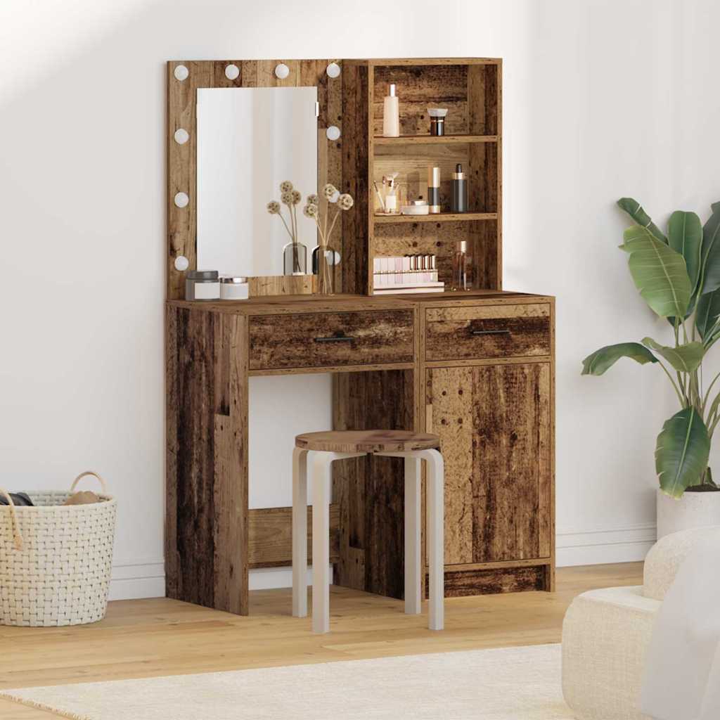 2 Piece Dressing Table Set with LED Old Wood Engineered Wood