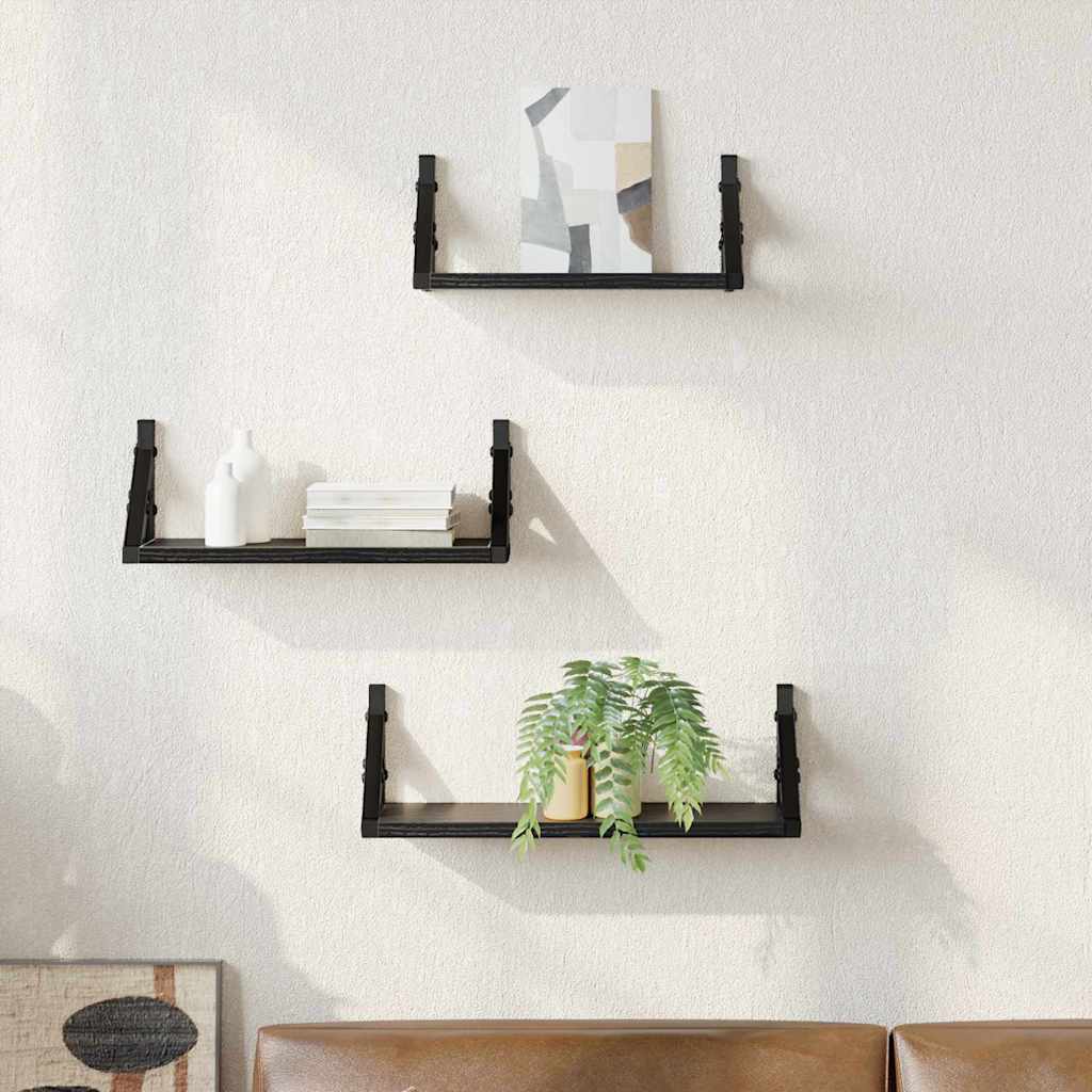 3 Piece Wall Shelf Set Black Oak Engineered Wood