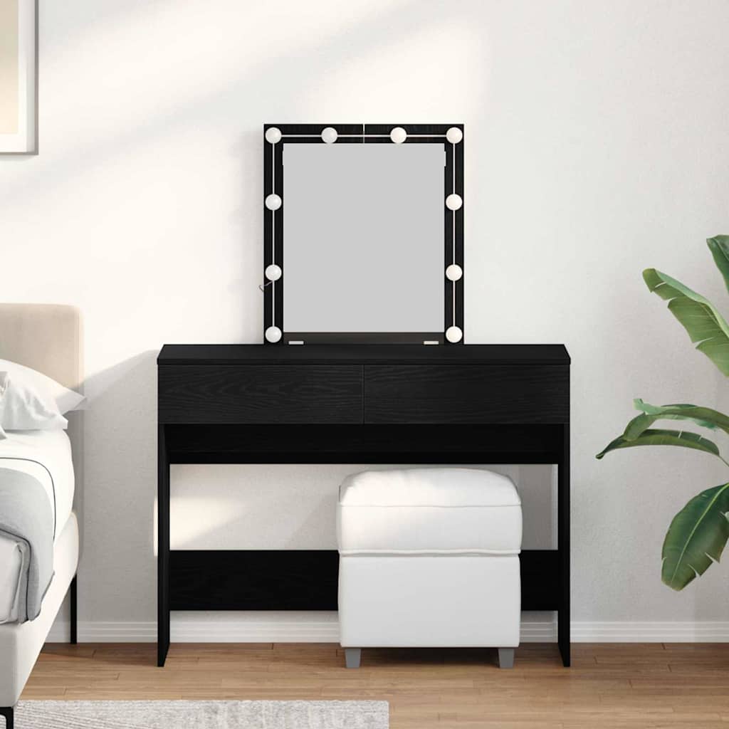 Dressing Table with Mirror&LED Lights Black Oak Engineered Wood