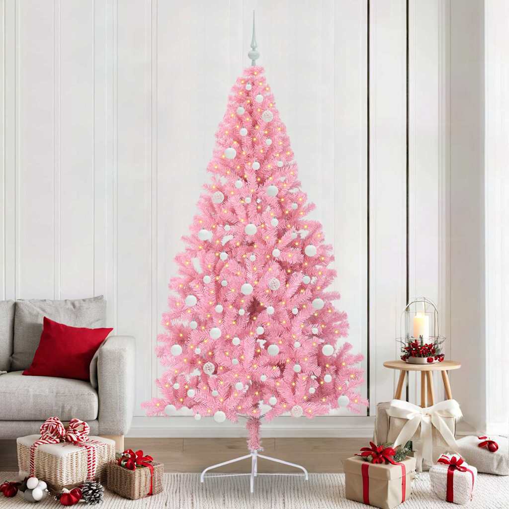 BRIWIN Artificial Pre-lit Christmas Tree with 300 LEDs Pink 240 cm PVC