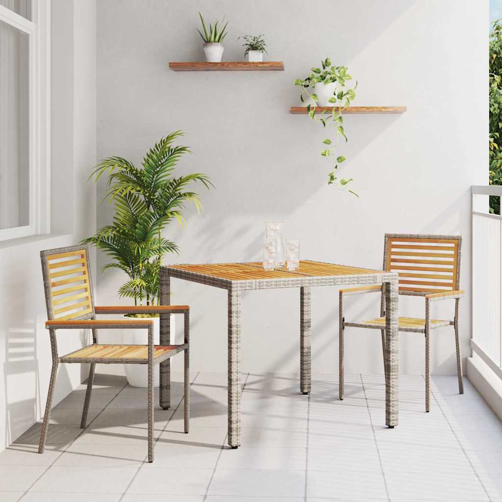 3 Piece Garden Dining Set Grey Poly Rattan Acacia