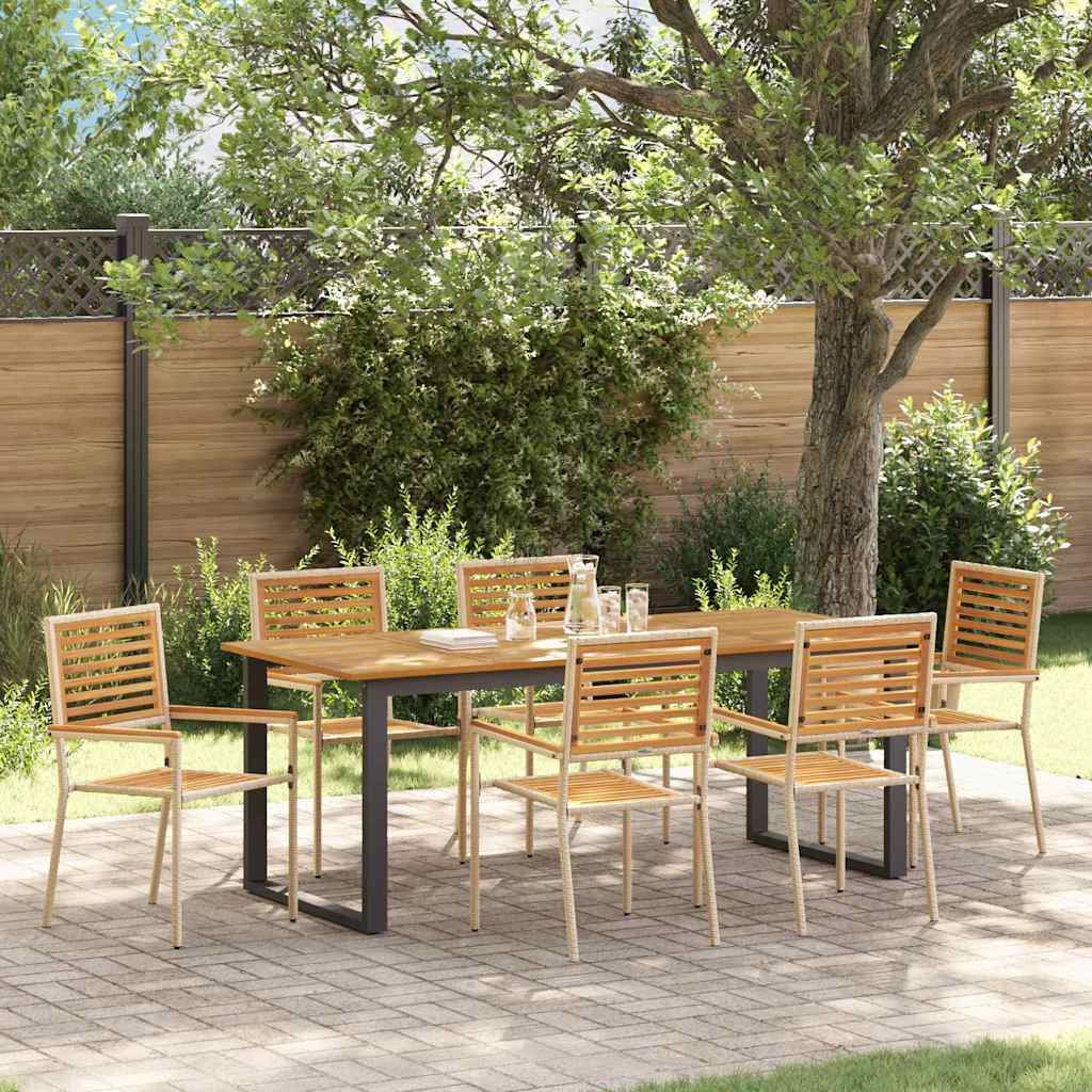 7 Piece Garden Dining Set Beige Poly Rattan Acacia