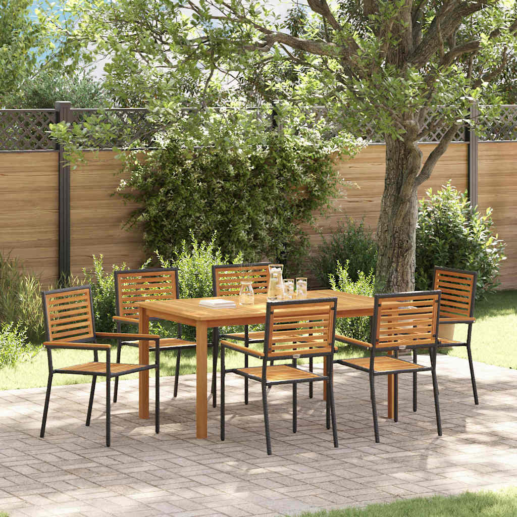 7 Piece Garden Dining Set Black Poly Rattan Acacia