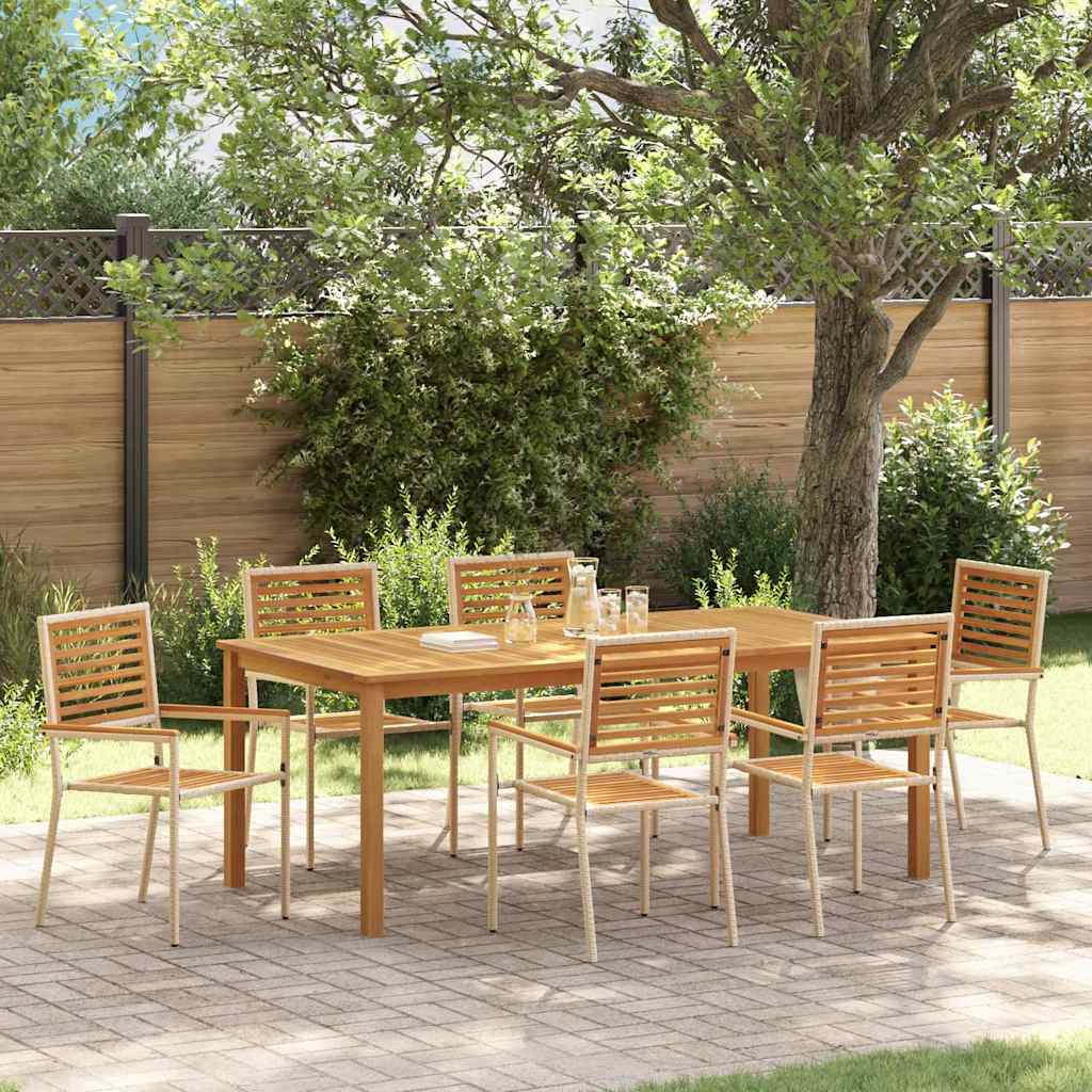 7 Piece Garden Dining Set Beige Poly Rattan Acacia
