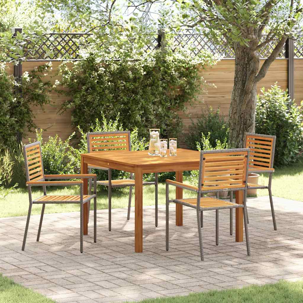 5 Piece Garden Dining Set Grey Poly Rattan Acacia