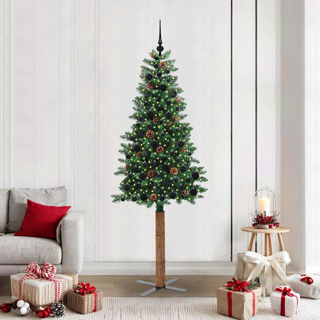EMBERLY Slim Christmas Tree Green 210 cm PVC and Solid Pine wood