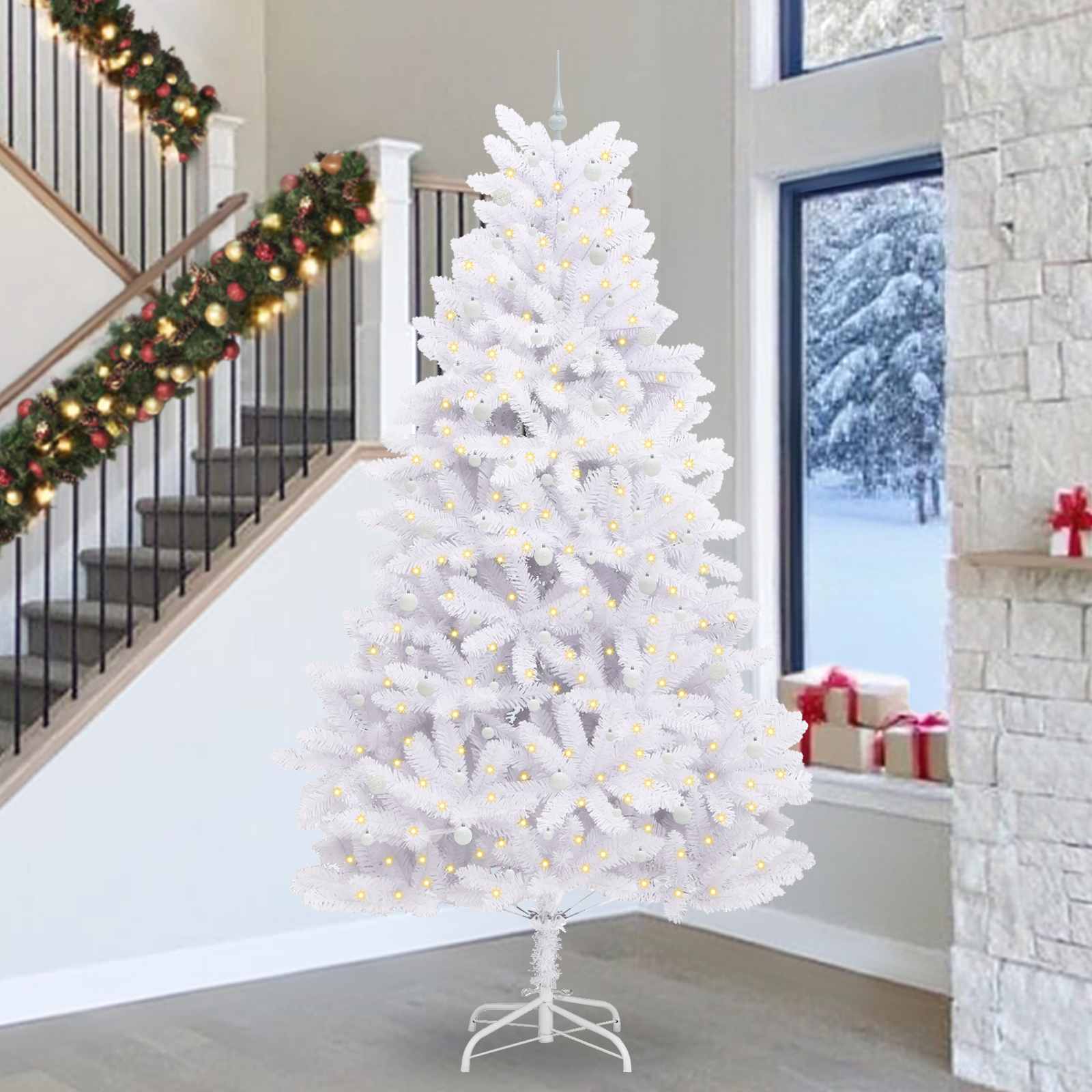 CUDWIN Artificial Hinged Christmas Tree White 300 cm PVC and Steel