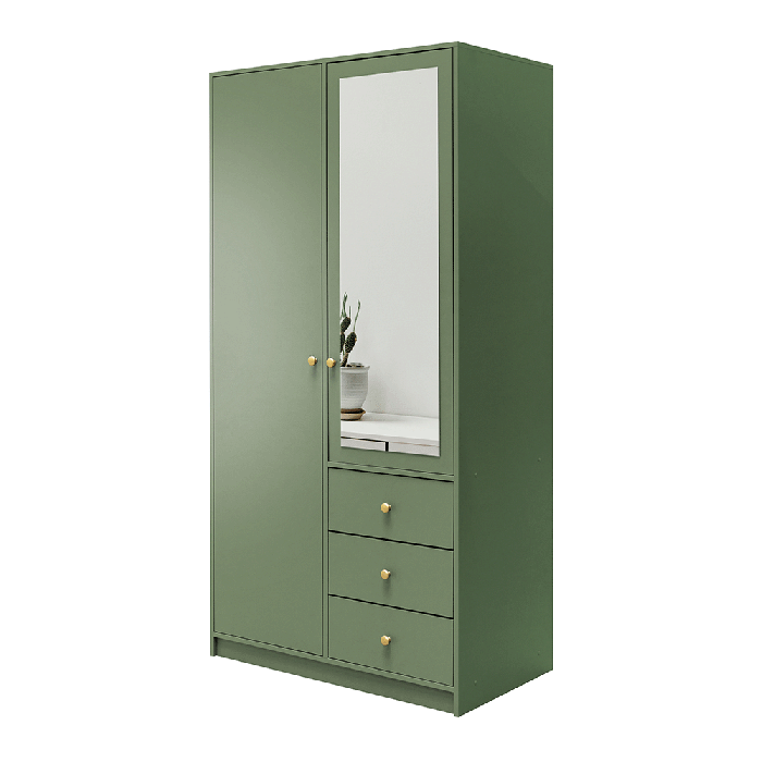 ELVIRO 2 Door Mirrored Wardrobe with 3 Drawers Green - 100cm