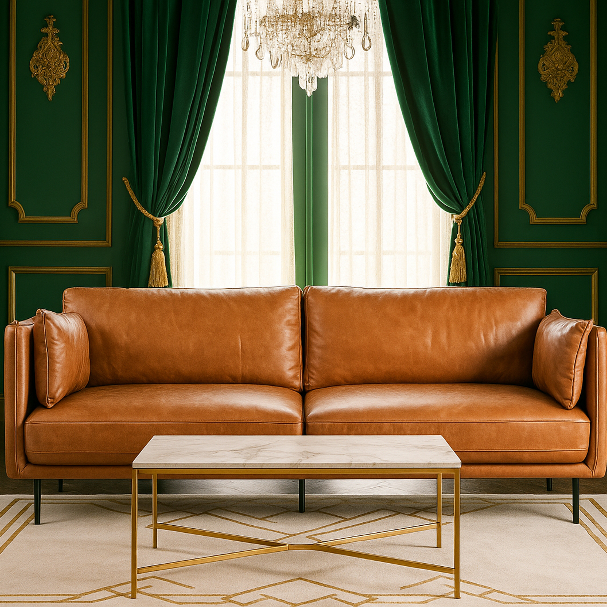 ROSEVALE Leather 3 Seater Sofa - Brown