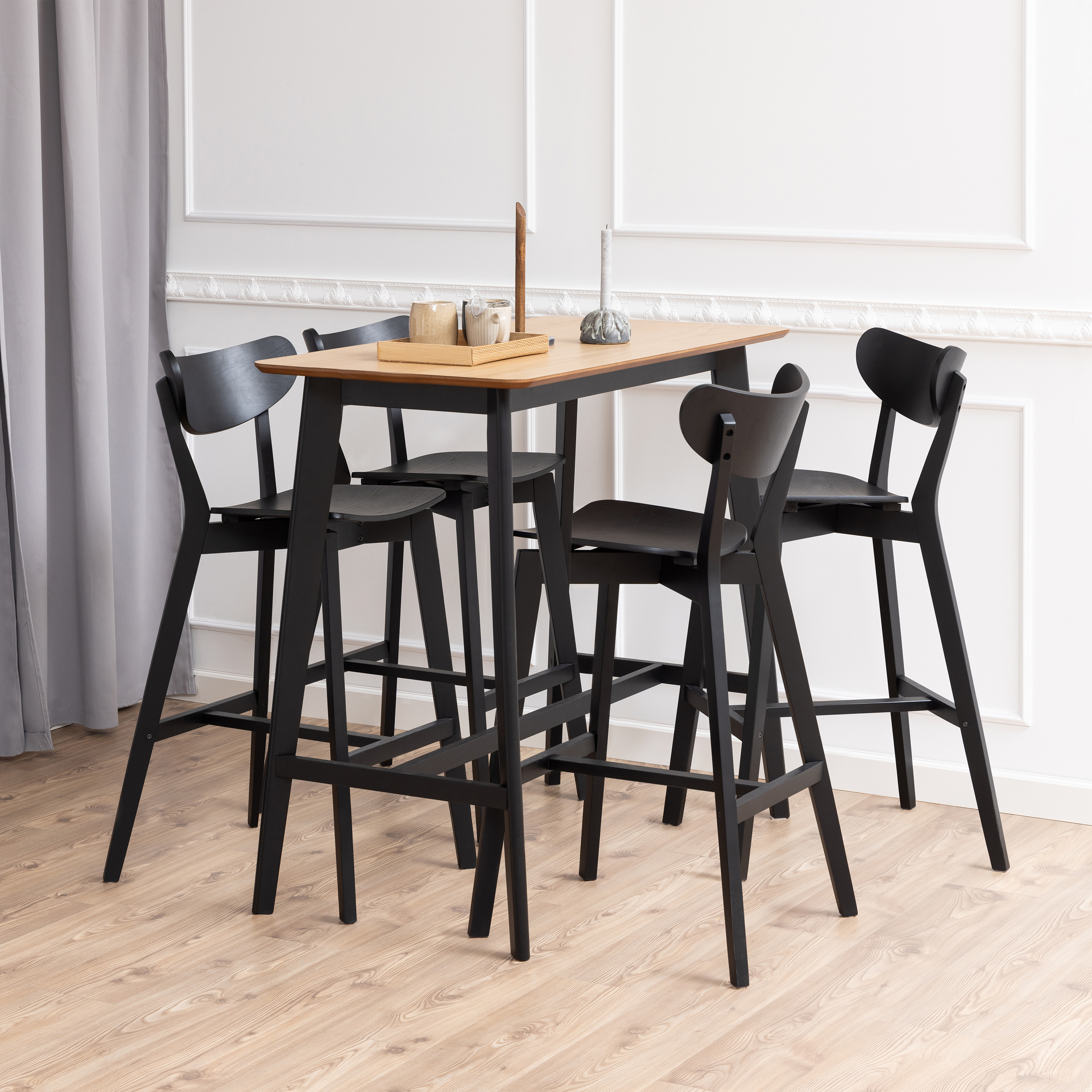 ROXEN Bar Table in Black and Oak Included 4 Bar Stool in Black