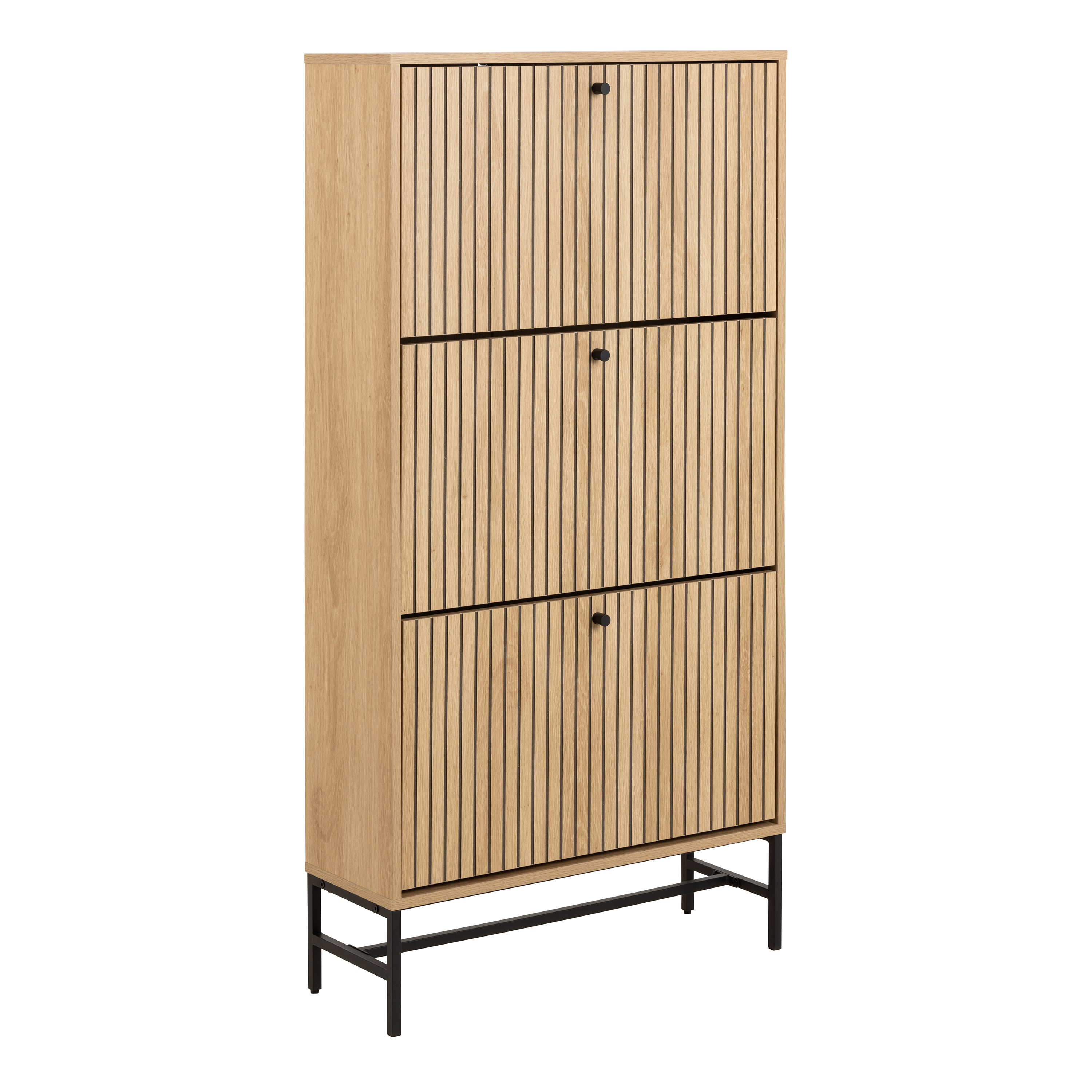 ARISTA Shoe Cabinet 3 Flip Down Doors in Oak/Black Legs