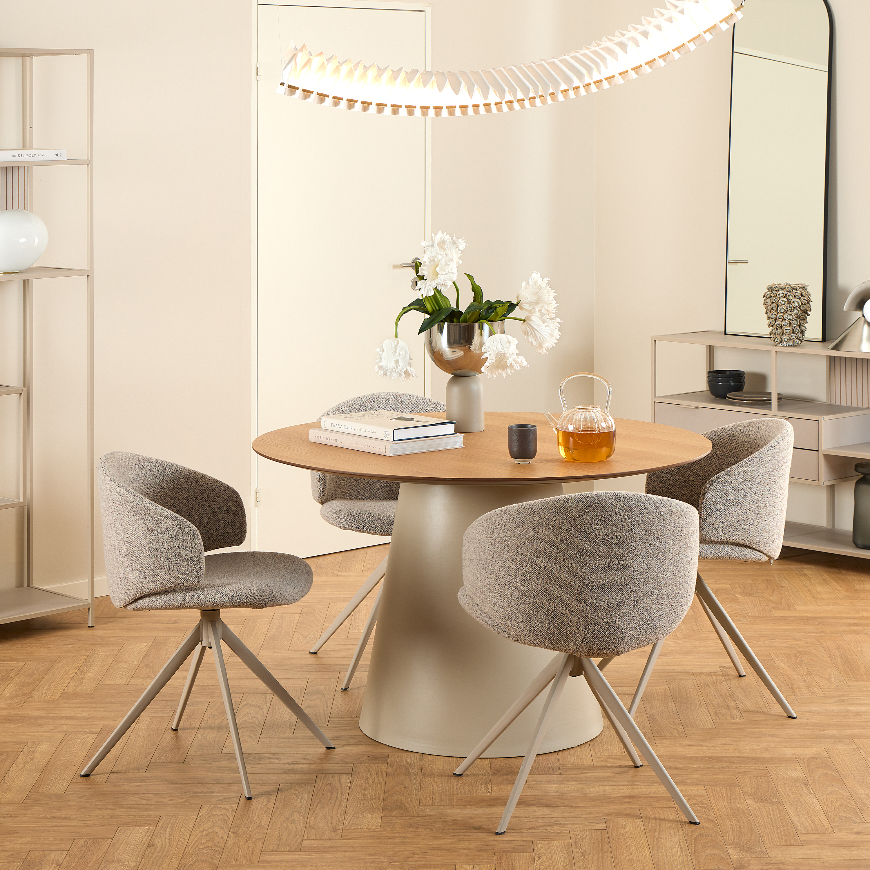 SOIL Round Dining Table in Oak and Grey Included 4 Swivel Beige Dining Chair