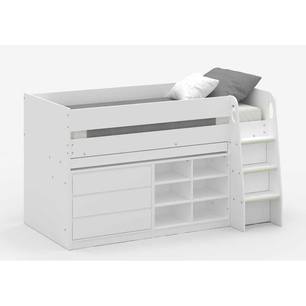 Classic Design Vespa Mid Sleeper with Pull-Out Drawer and Shelves - White