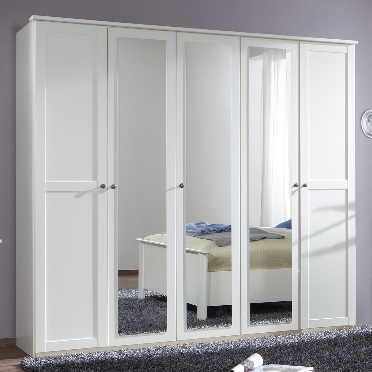 CONWAY 5 Door Mirrored Wardrobe White - 225cm