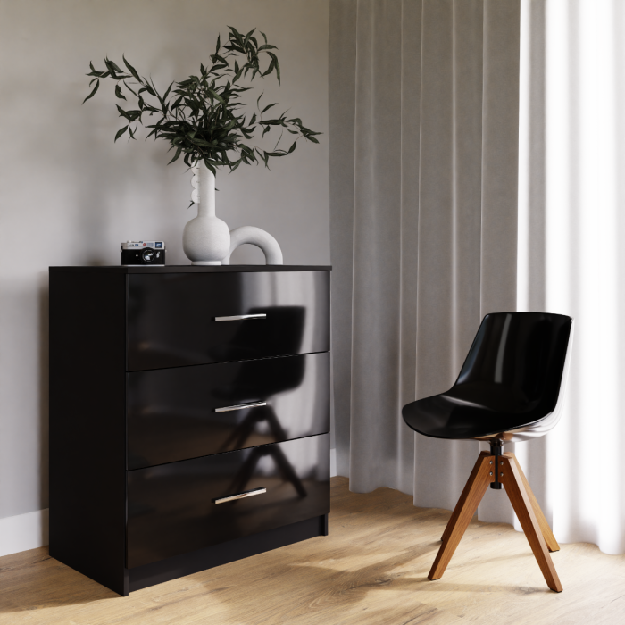 WARRINGTON Black Gloss Chest of Drawers - Medium-sized, 3 Drawers