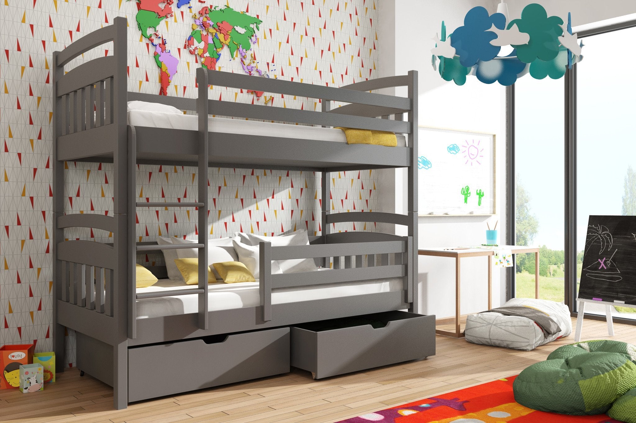 Gabby Wooden Kids Bunk Bed with Storage and Foam Mattress - Graphite