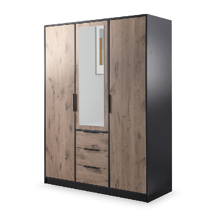 BELLVYN 3 Door Mirrored Wardrobe with 3 Drawers Black with Oak - 149cm