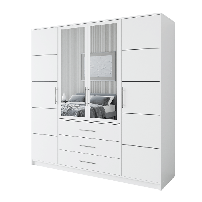 BARNSLEY 4 Door Mirrored Wardrobe with 3 Drawers White - 196cm