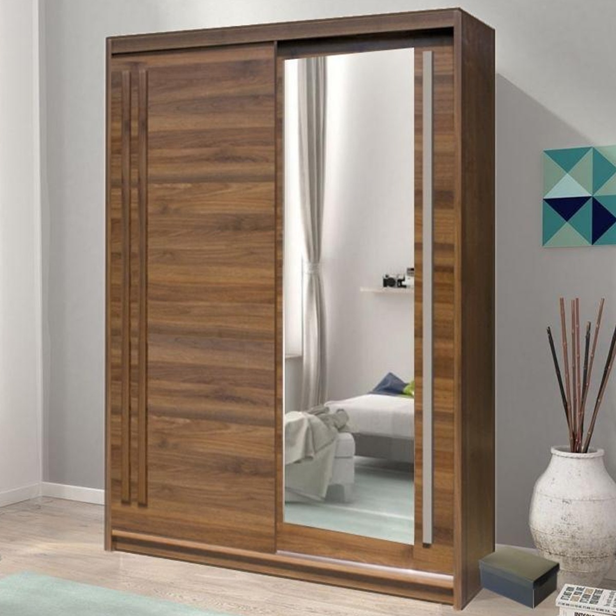 ETHRA 2 Door Mirrored Sliding Wardrobe Dark Oak - 175cm