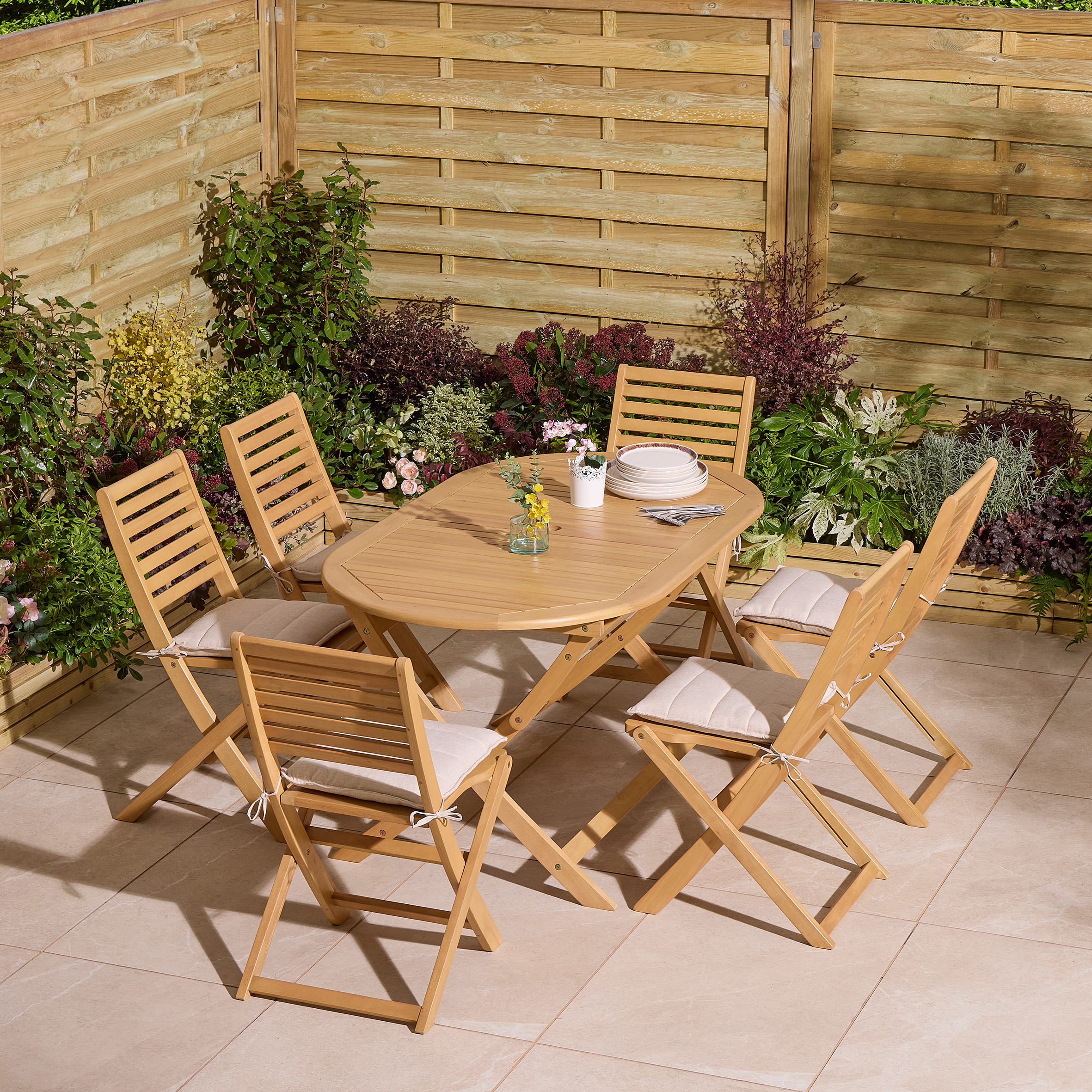 OXRYN Garden 6 Seater Oval Table and Chair Set - Oak Finish