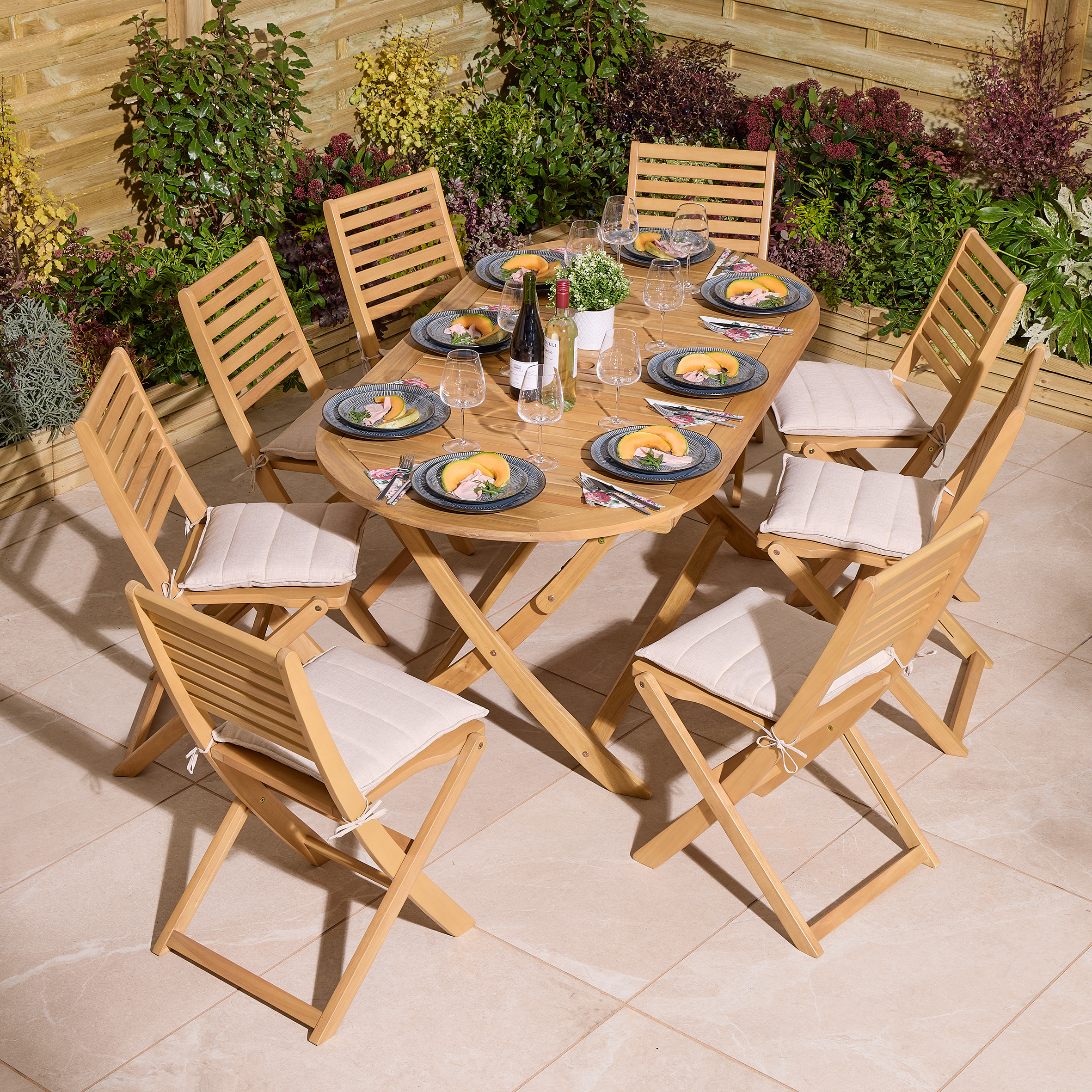 OXRYN Garden 8 Seater Oval Table and Chair Set - Oak Finish