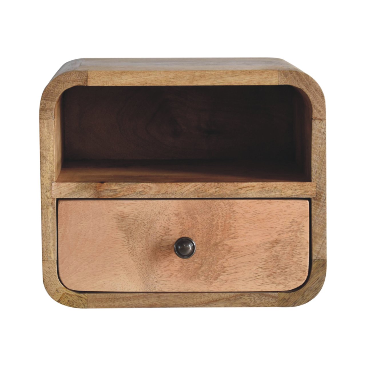 CROMER Extra Mini Wall Mounted Curved Oak-ish Bedside with Open Slot