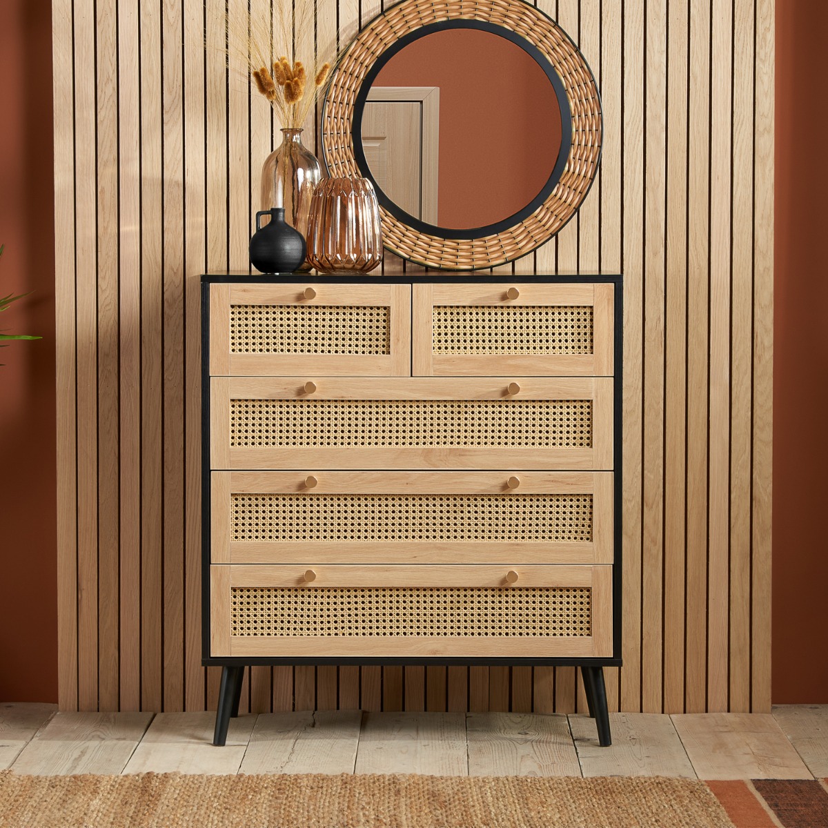 CARDANO Black Rattan Chest of Drawers - Medium-sized, 5 Drawers