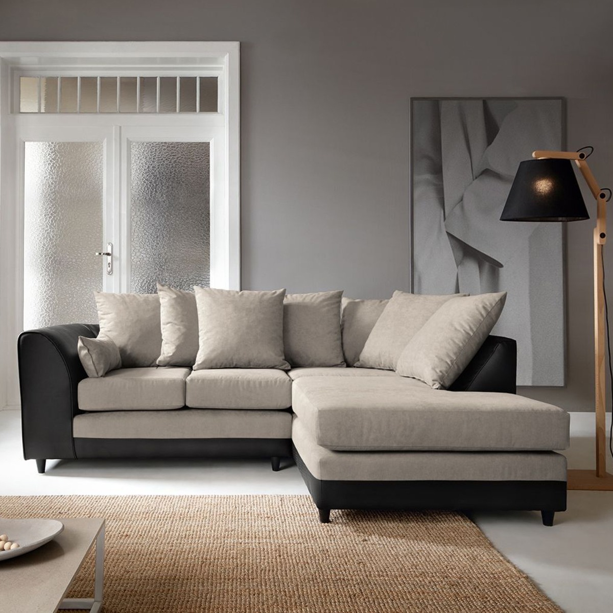 LINACRE Fabric 4 Seater L Shaped - Right Hand Facing Corner Sofa - Brown and Black