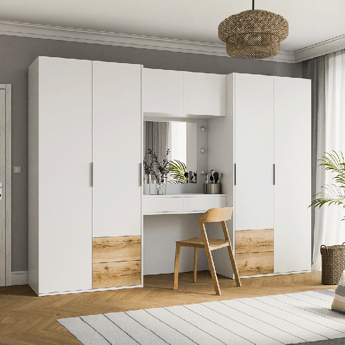 BRAVYN 6 Door Mirrored Wardrobe with 6 Drawers and Dressing Table White - 300cm