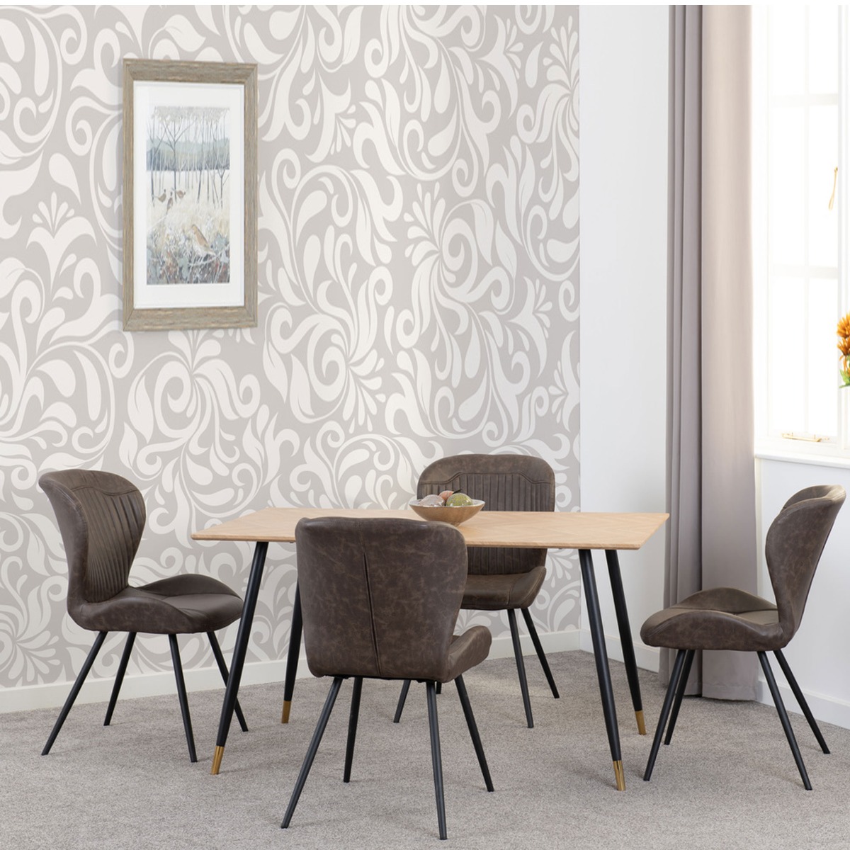 Hamilton Medium Dining Set with Quebec Chairs - Oak Effect Black Brown Faux Leather