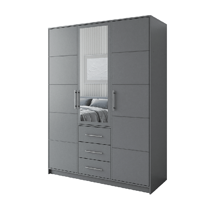 BARNSLEY 3 Door Mirrored Wardrobe with 3 Drawers Grey - 147cm