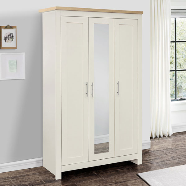 HEINZ 3 Door Mirrored Wardrobe Cream and Oak Effect - 112cm