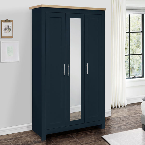 HEINZ 3 Door Mirrored Wardrobe Navy Blue and Oak Effect - 112cm