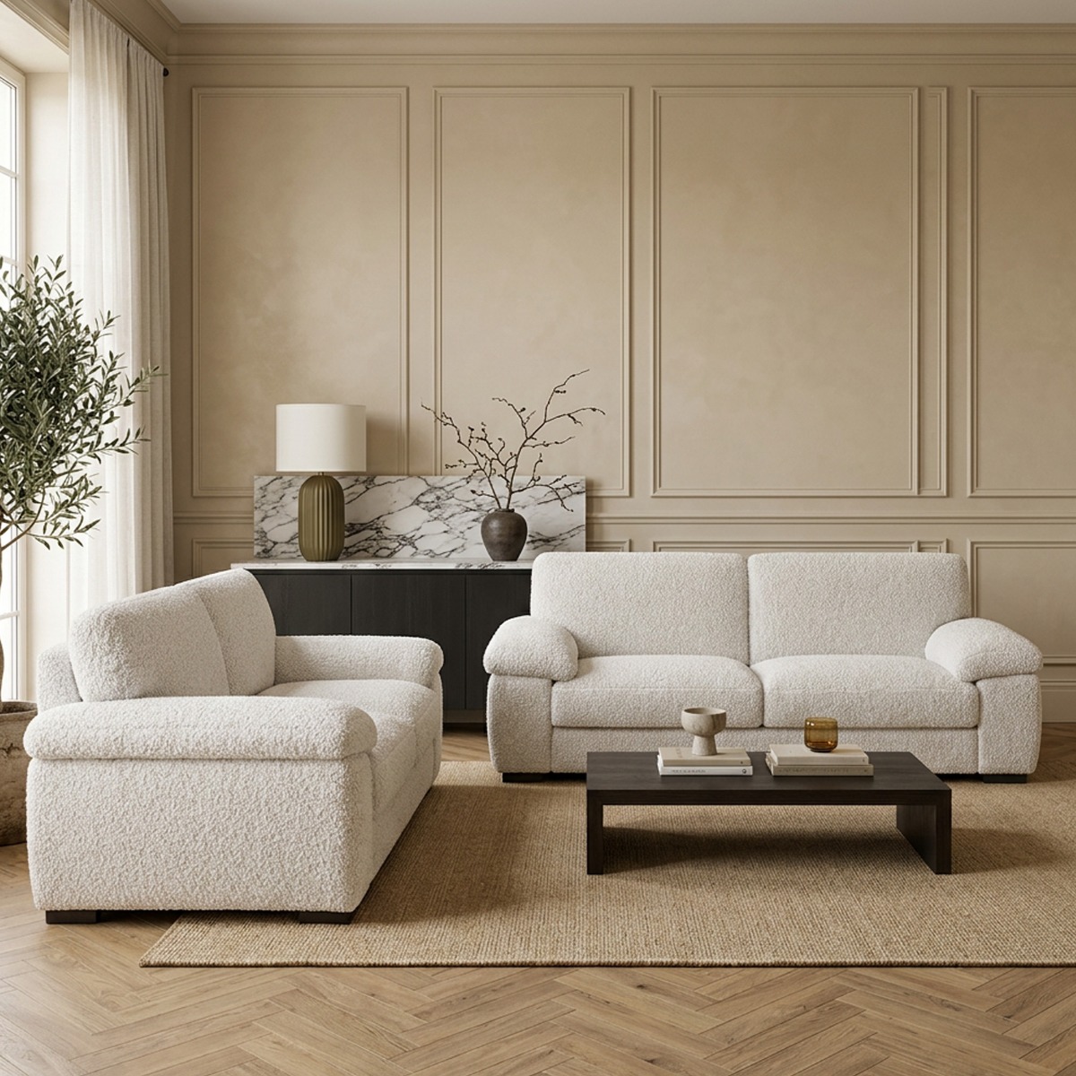 CORDURA Boucle Fabric 3 and 2 Seater Fullback Sofa Set - White