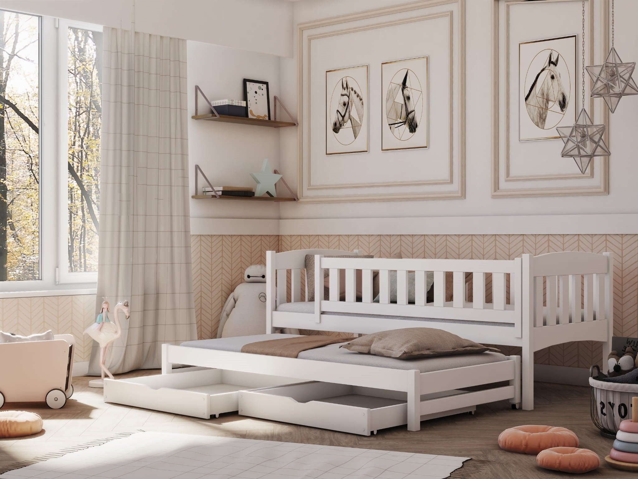 MALAIKA 2 Drawers Storage Wooden Double Bed with Trundle and Foam Mattress - White