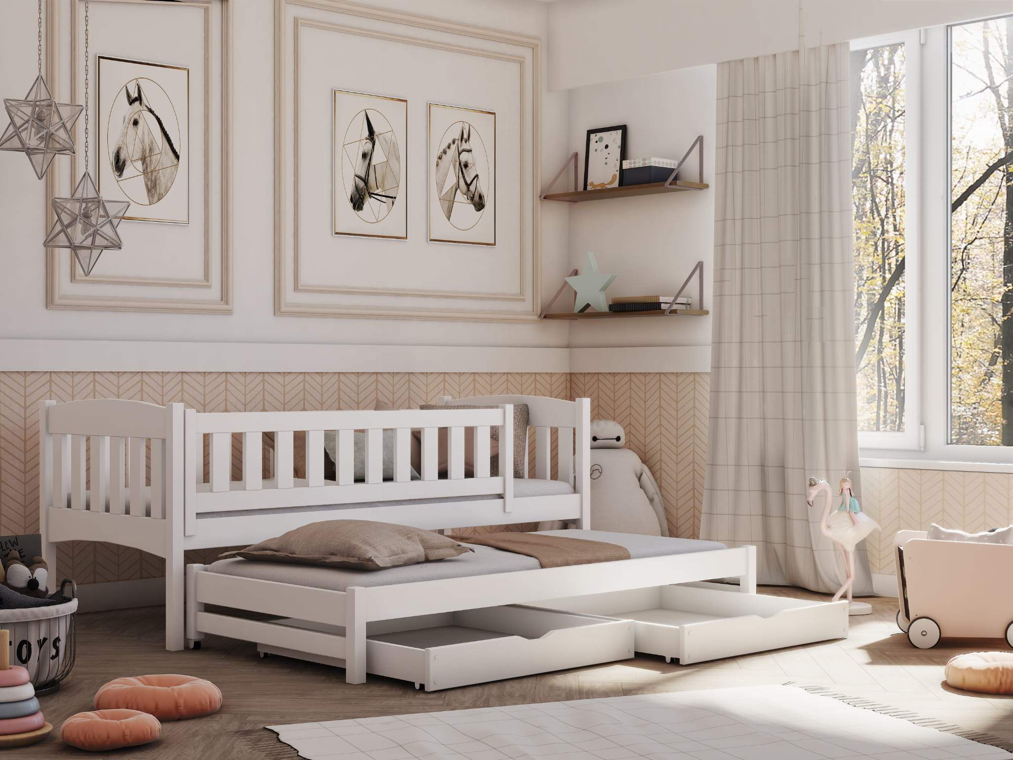 MALAIKA 2 Drawers Storage Wooden Double Bed with Trundle and Bonnell Foam Mattress - White