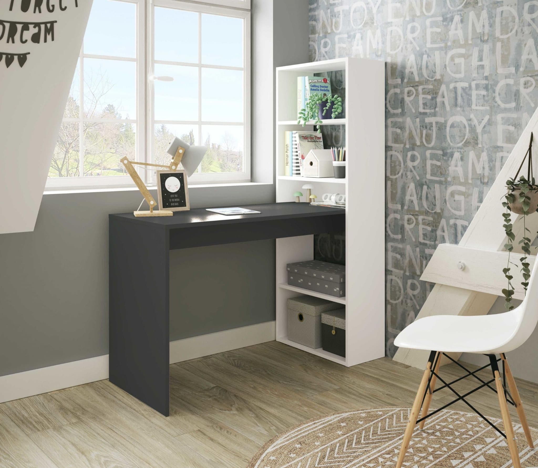 Riccardo White and Grey Effect Computer Desk Table with Bookcase - White