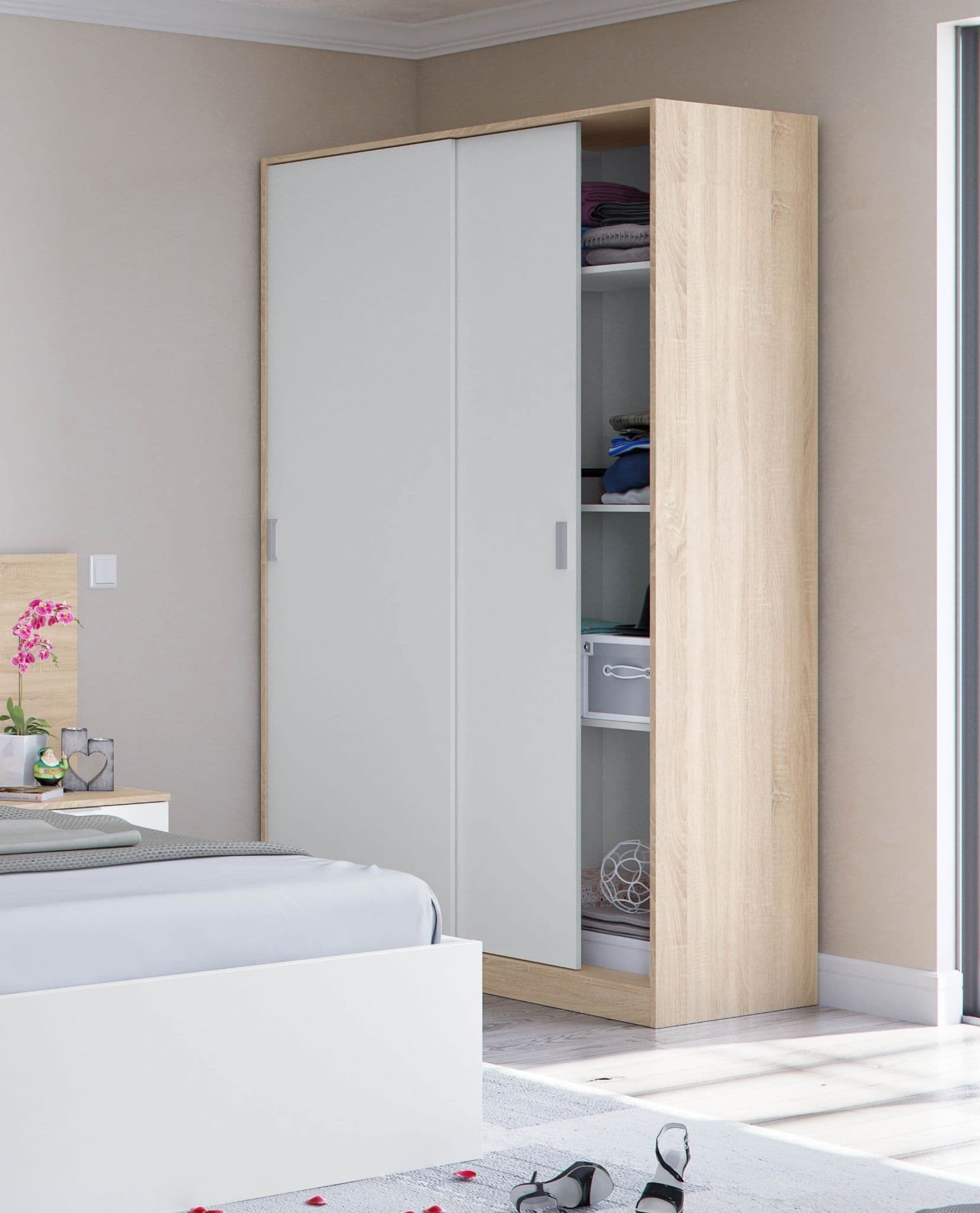 DIRHAM 2 Door Sliding Wardrobe White and Oak - 120cm