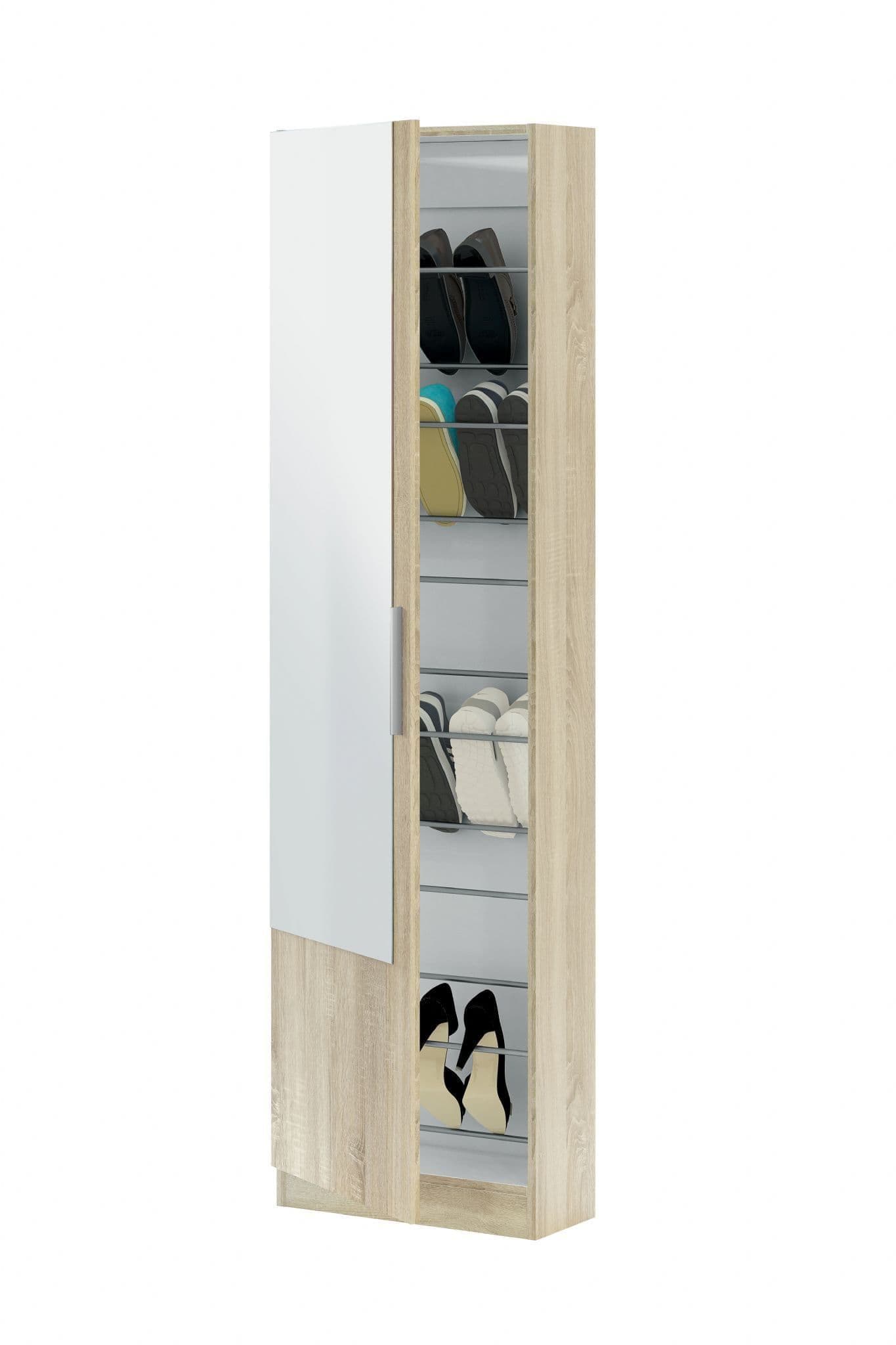 Giovannique Oak Effect Tall Shoe Cabinet 1 Mirrored Door 14-16 Pairs - Oak