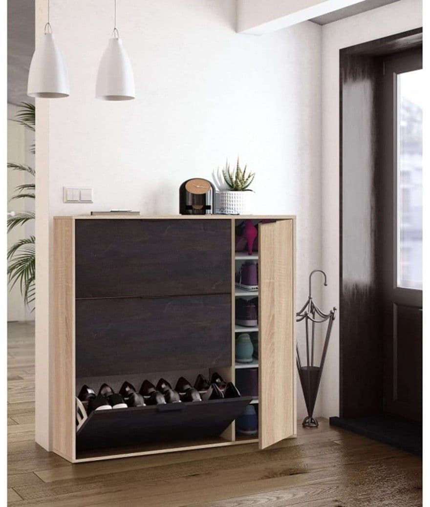 Pellegrinova Oak Effect And Oxido Dark Brown Shoe Cabinet with 4 Doors - Oak