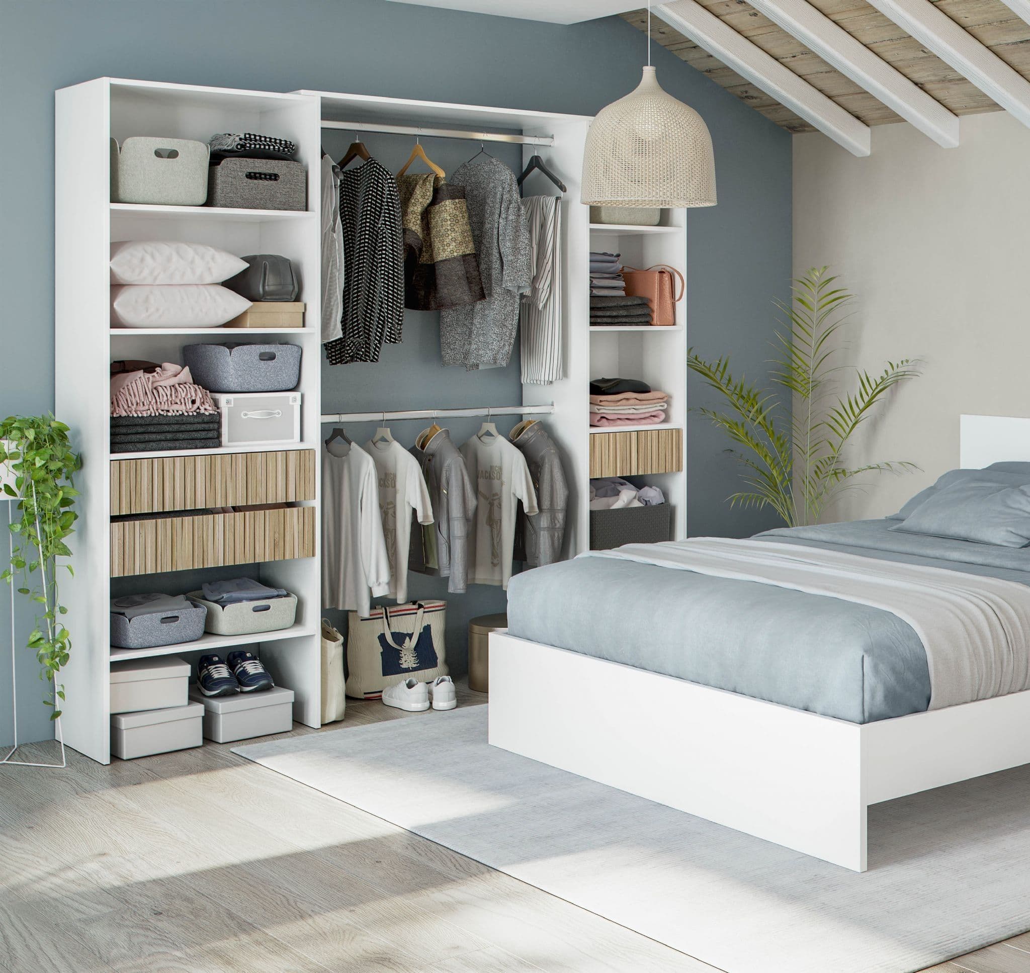 Salvadoris Natural Oak Effect and White Open Door Wardrobe With Shelves And Rail - Oak