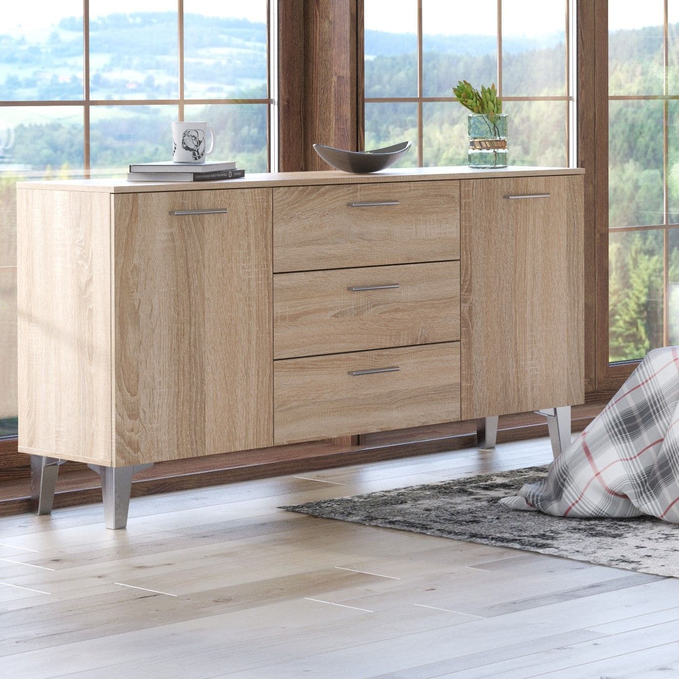 SARNIA Sonoma Oak Effect Large Wide 2 Door 3 Drawer Sideboard - Oak
